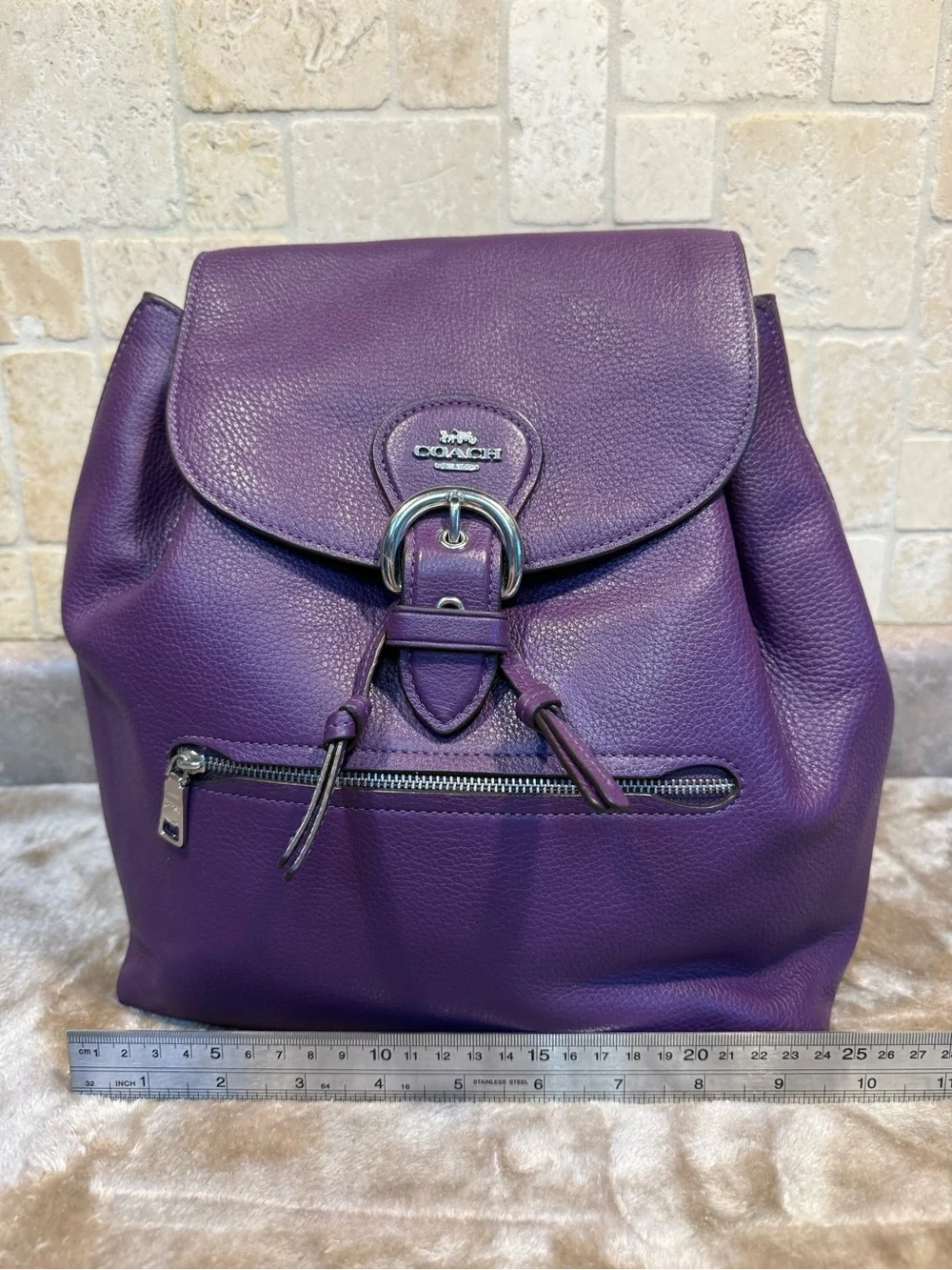 Coach Purple Pebbled Leather Drawstring Backpack with Front Zip Pocket